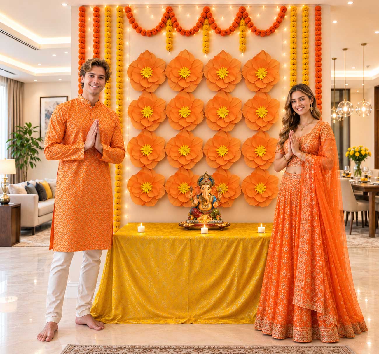 Eco-Friendly Ganesh Chaturthi Decoration Set, 108x108 cm, 16 Crepe Paper Flowers (27x27 cm), Brocade Table Cloth (150x100cm)