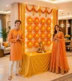 Eco-Friendly Ganesh Chaturthi Decoration Set, 108x108 cm, 16 Crepe Paper Flowers (27x27 cm), Brocade Table Cloth (150x100cm)