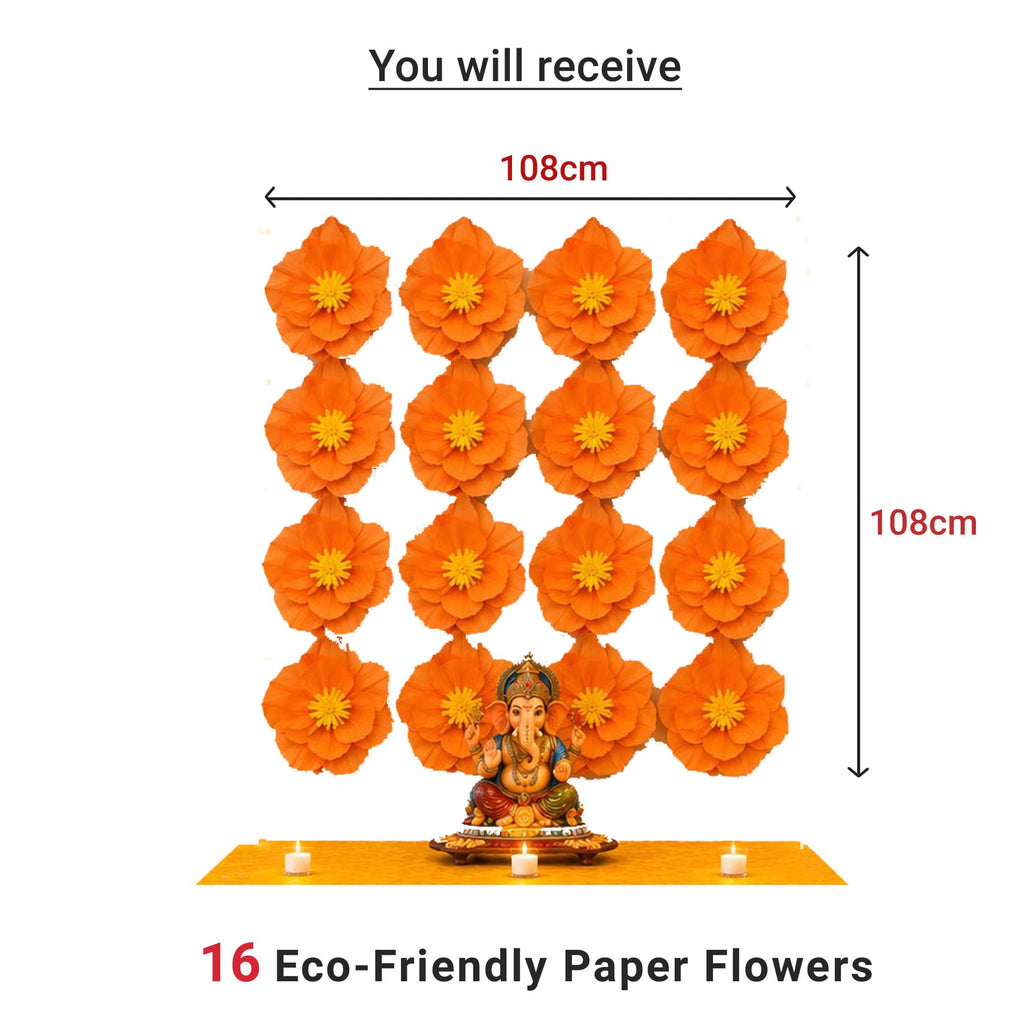 Eco-Friendly Ganesh Chaturthi Decoration Set, 108x108 cm, 16 Crepe Paper Flowers (27x27 cm), Brocade Table Cloth (150x100cm)