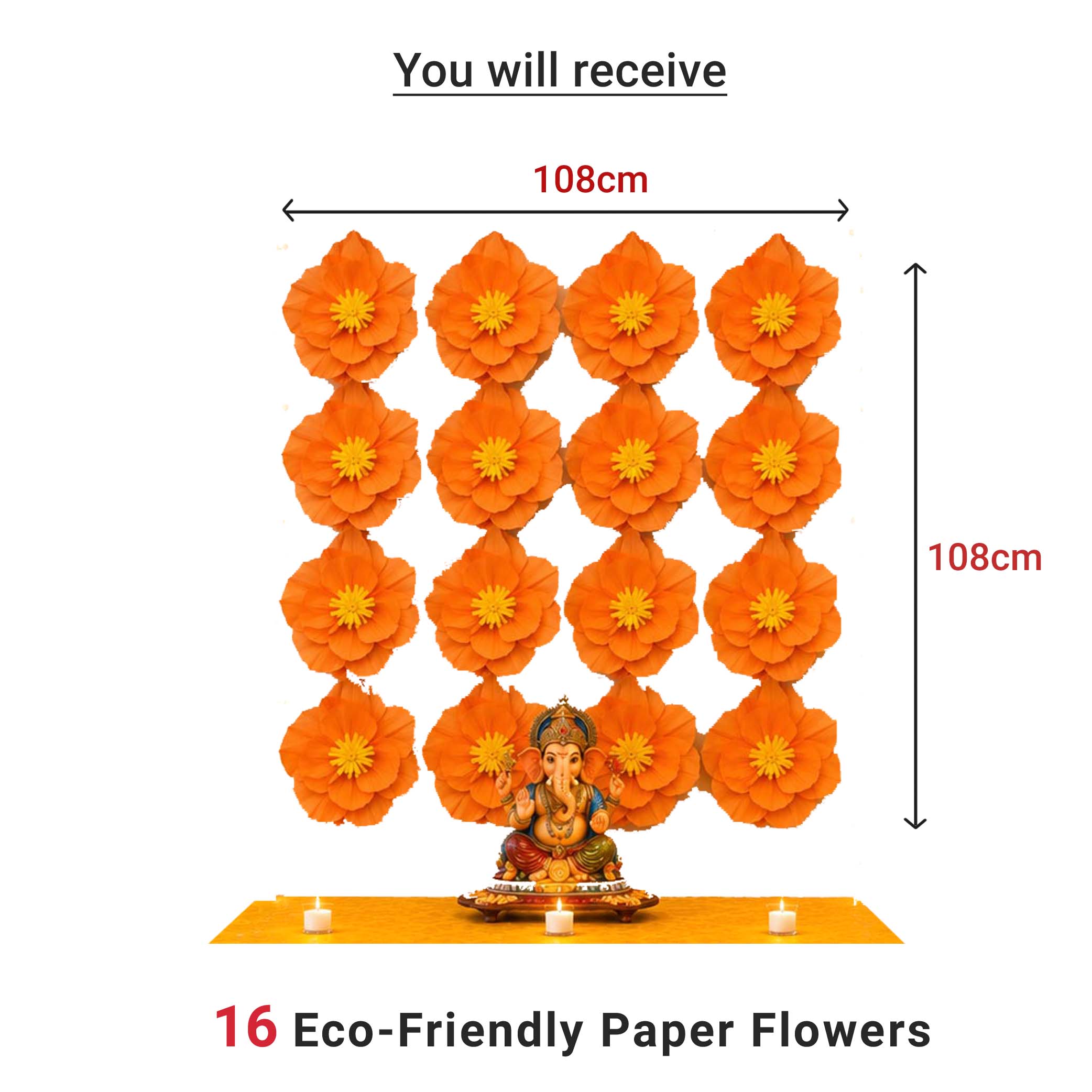 Eco-Friendly Ganesh Chaturthi Decoration Set, 108x108 cm, 16 Crepe Paper Flowers (27x27 cm), Brocade Table Cloth (150x100cm)