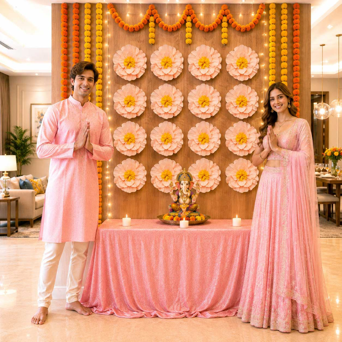 Eco-Friendly Ganesh Chaturthi Decoration Set, 108x108 cm, 16 Crepe Paper Flowers (27x27 cm), Brocade Table Cloth (150x100cm)