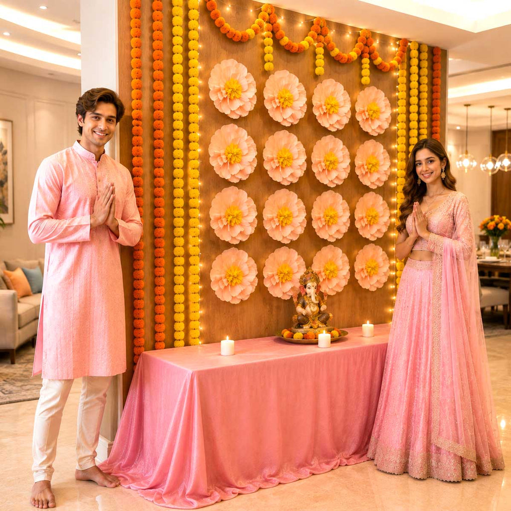 Eco-Friendly Ganesh Chaturthi Decoration Set, 108x108 cm, 16 Crepe Paper Flowers (27x27 cm), Brocade Table Cloth (150x100cm)