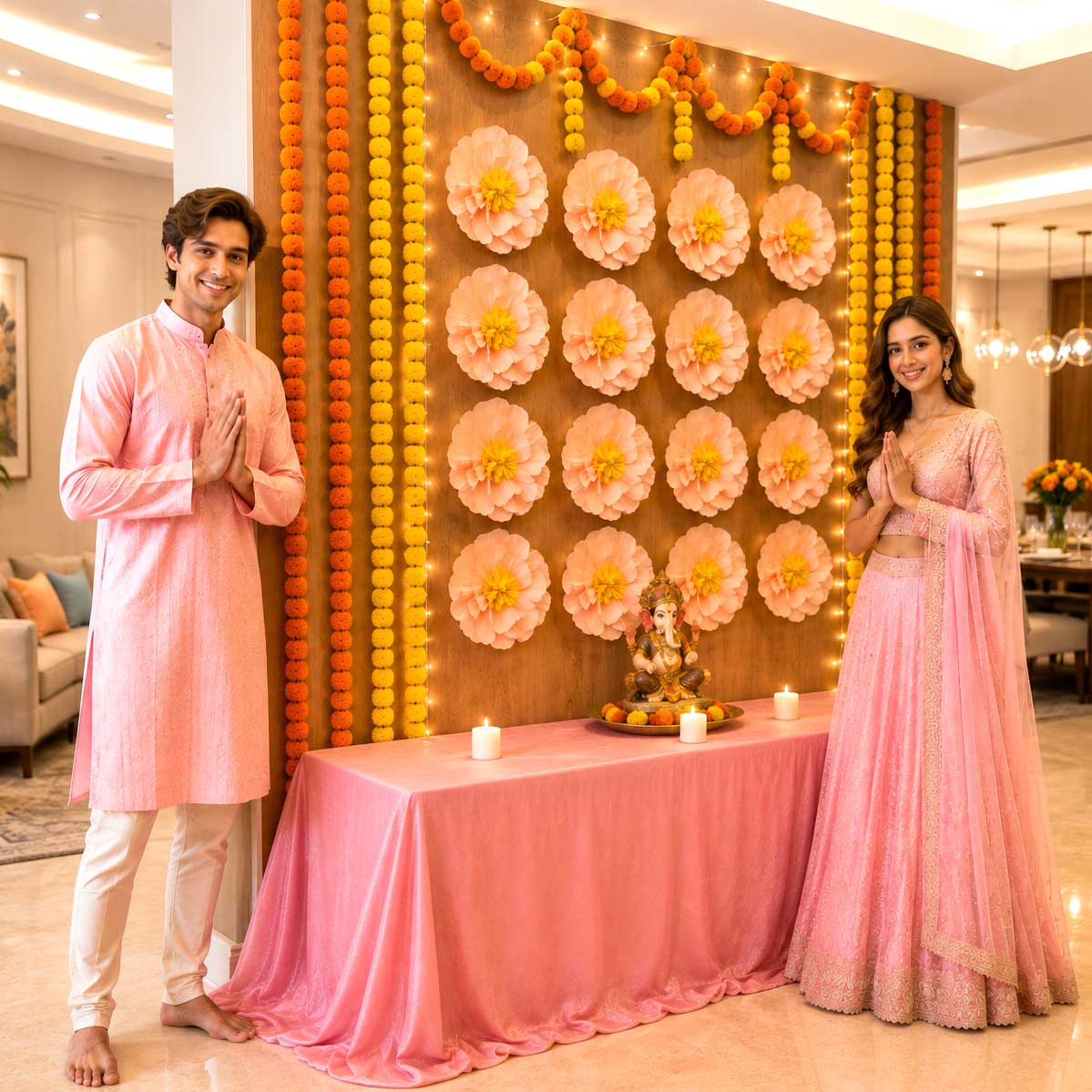 Eco-Friendly Ganesh Chaturthi Decoration Set, 108x108 cm, 16 Crepe Paper Flowers (27x27 cm), Brocade Table Cloth (150x100cm)