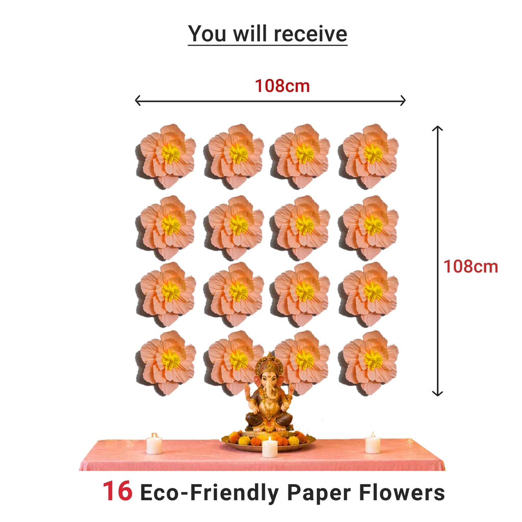 Eco-Friendly Ganesh Chaturthi Decoration Set, 108x108 cm, 16 Crepe Paper Flowers (27x27 cm), Brocade Table Cloth (150x100cm)