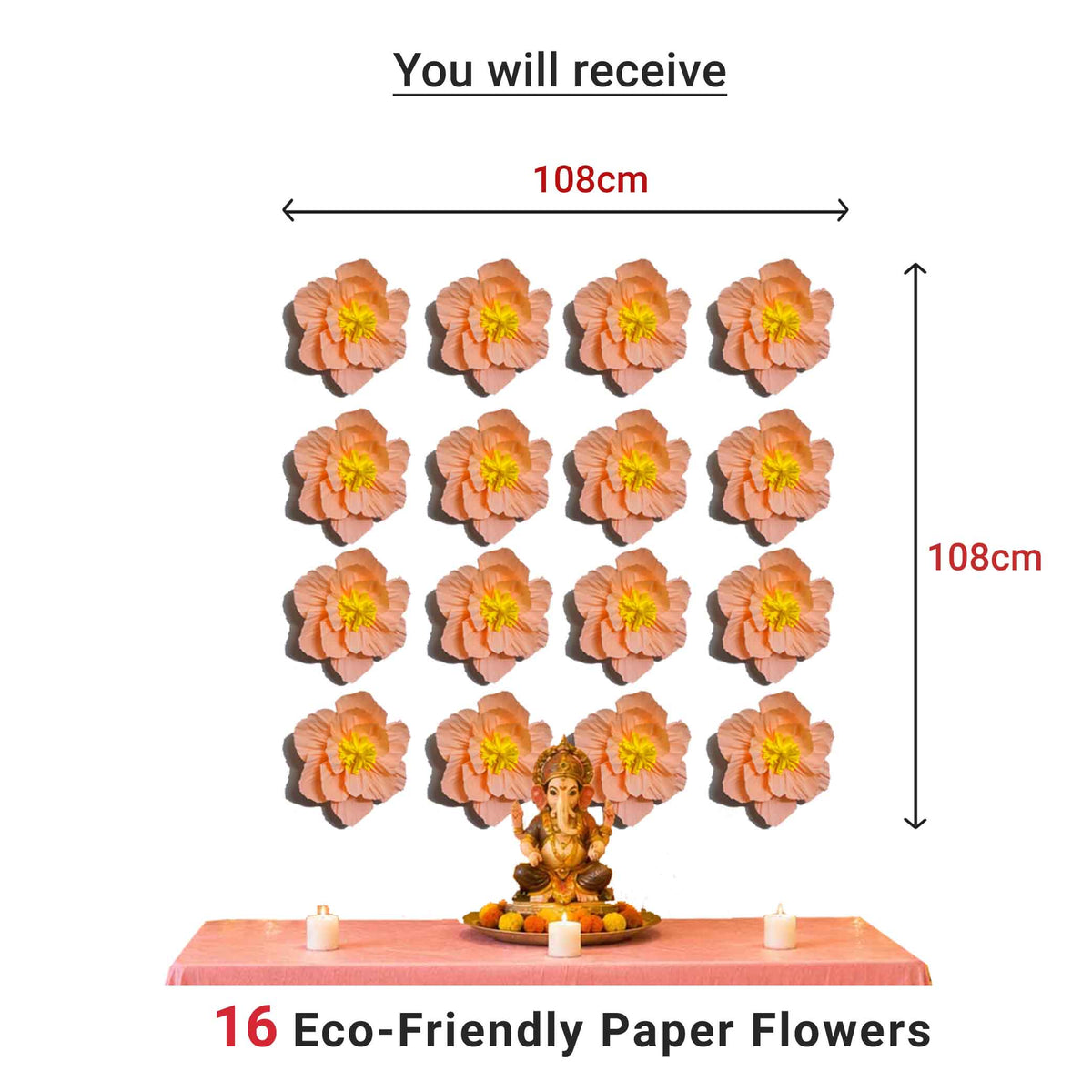 Eco-Friendly Ganesh Chaturthi Decoration Set, 108x108 cm, 16 Crepe Paper Flowers (27x27 cm), Brocade Table Cloth (150x100cm)