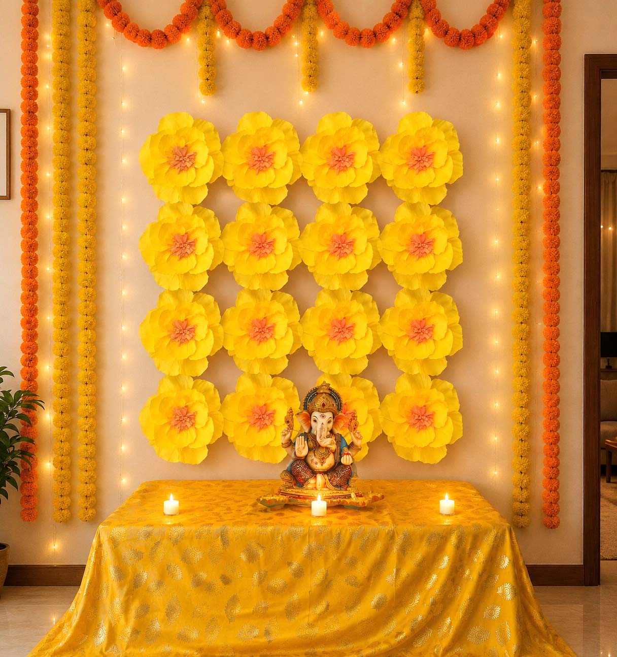 Eco-Friendly Ganesh Chaturthi Decoration Set, 108x108 cm, 16 Crepe Paper Flowers (27x27 cm), Brocade Table Cloth (150x100cm)