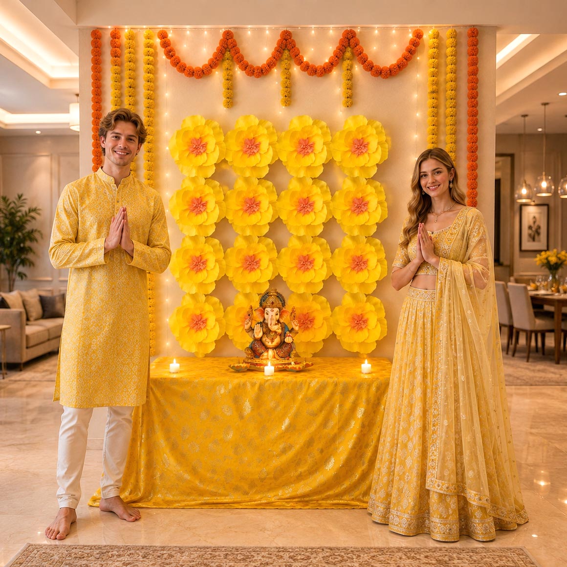 Eco-Friendly Ganesh Chaturthi Decoration Set, 108x108 cm, 16 Crepe Paper Flowers (27x27 cm), Brocade Table Cloth (150x100cm)