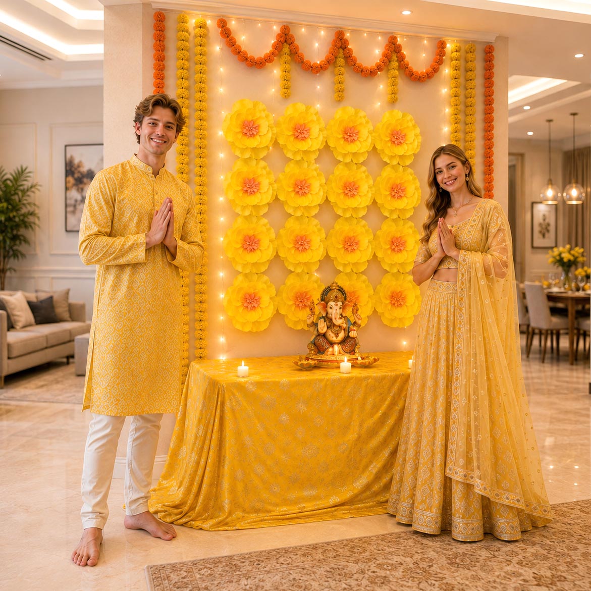 Eco-Friendly Ganesh Chaturthi Decoration Set, 108x108 cm, 16 Crepe Paper Flowers (27x27 cm), Brocade Table Cloth (150x100cm)
