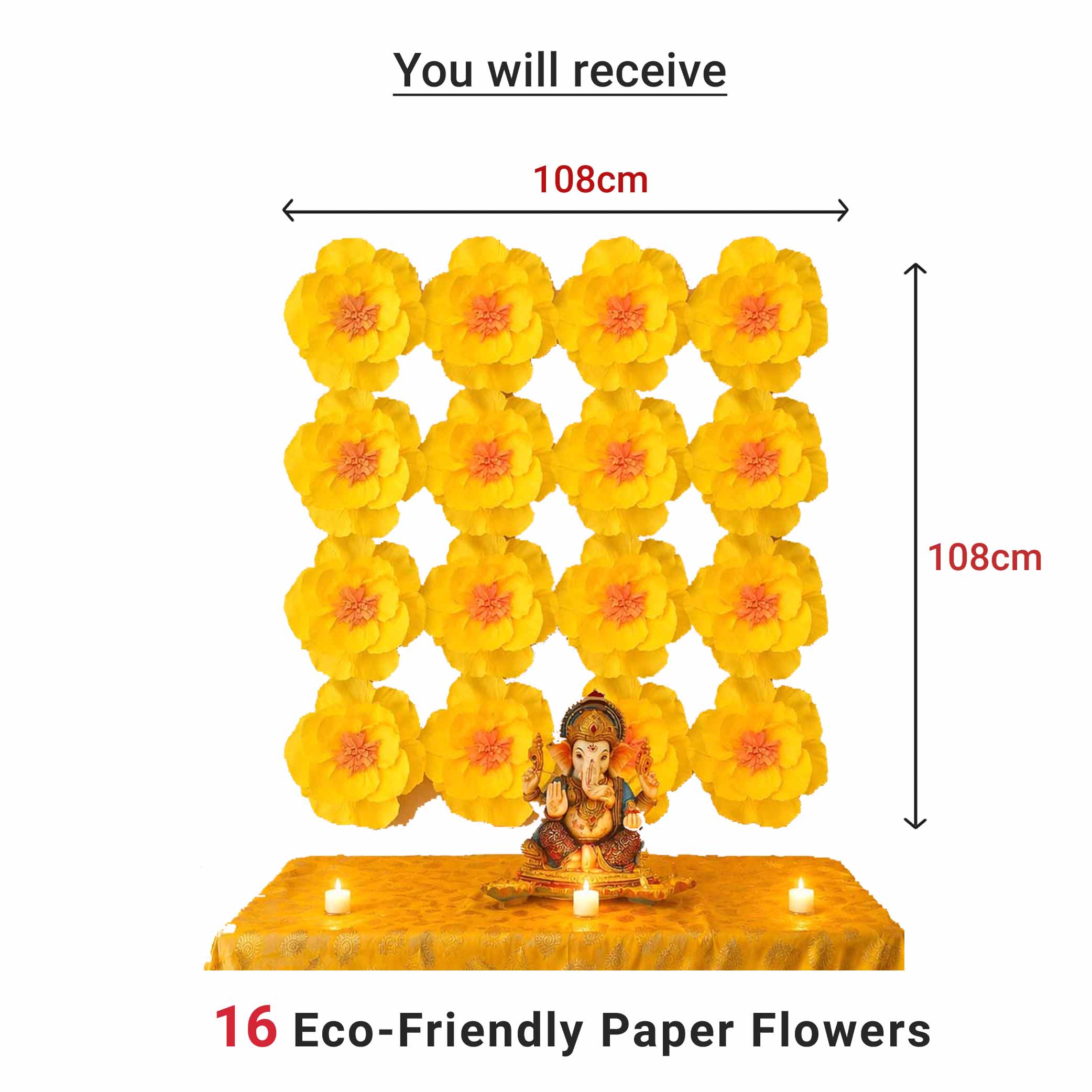 Eco-Friendly Ganesh Chaturthi Decoration Set, 108x108 cm, 16 Crepe Paper Flowers (27x27 cm), Brocade Table Cloth (150x100cm)