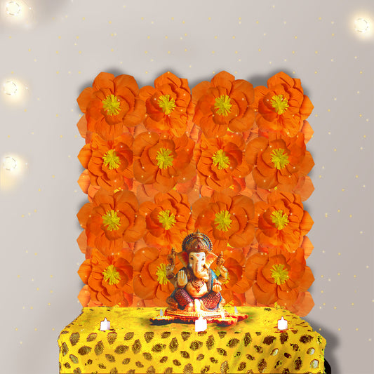 Ganesh Chaturthi Decoration Set, 108x108 cm, 16 Crepe Paper Flowers (27x27 cm), Brocade Table Cloth (150x100cm) (Orange)