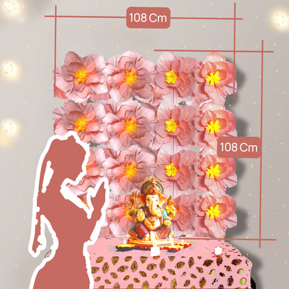 Ganesh Chaturthi Decoration Set, 108x108 cm, 16 Crepe Paper Flowers (27x27 cm), Brocade Table Cloth (150x100cm) (Pastel Pink)