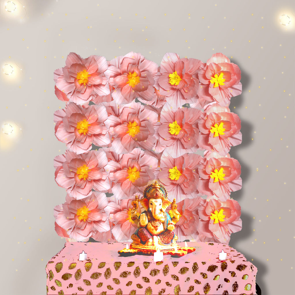 Ganesh Chaturthi Decoration Set, 108x108 cm, 16 Crepe Paper Flowers (27x27 cm), Brocade Table Cloth (150x100cm) (Pastel Pink)