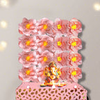 Ganesh Chaturthi Decoration Set, 108x108 cm, 16 Crepe Paper Flowers (27x27 cm), Brocade Table Cloth (150x100cm) (Pastel Pink)