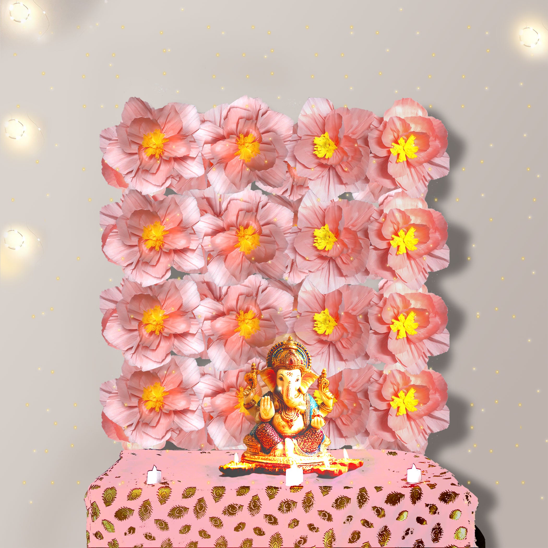Ganesh Chaturthi Decoration Set, 108x108 cm, 16 Crepe Paper Flowers (27x27 cm), Brocade Table Cloth (150x100cm) (Pastel Pink)