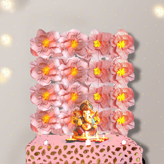 Ganesh Chaturthi Decoration Set, 108x108 cm, 16 Crepe Paper Flowers (27x27 cm), Brocade Table Cloth (150x100cm) (Pastel Pink)