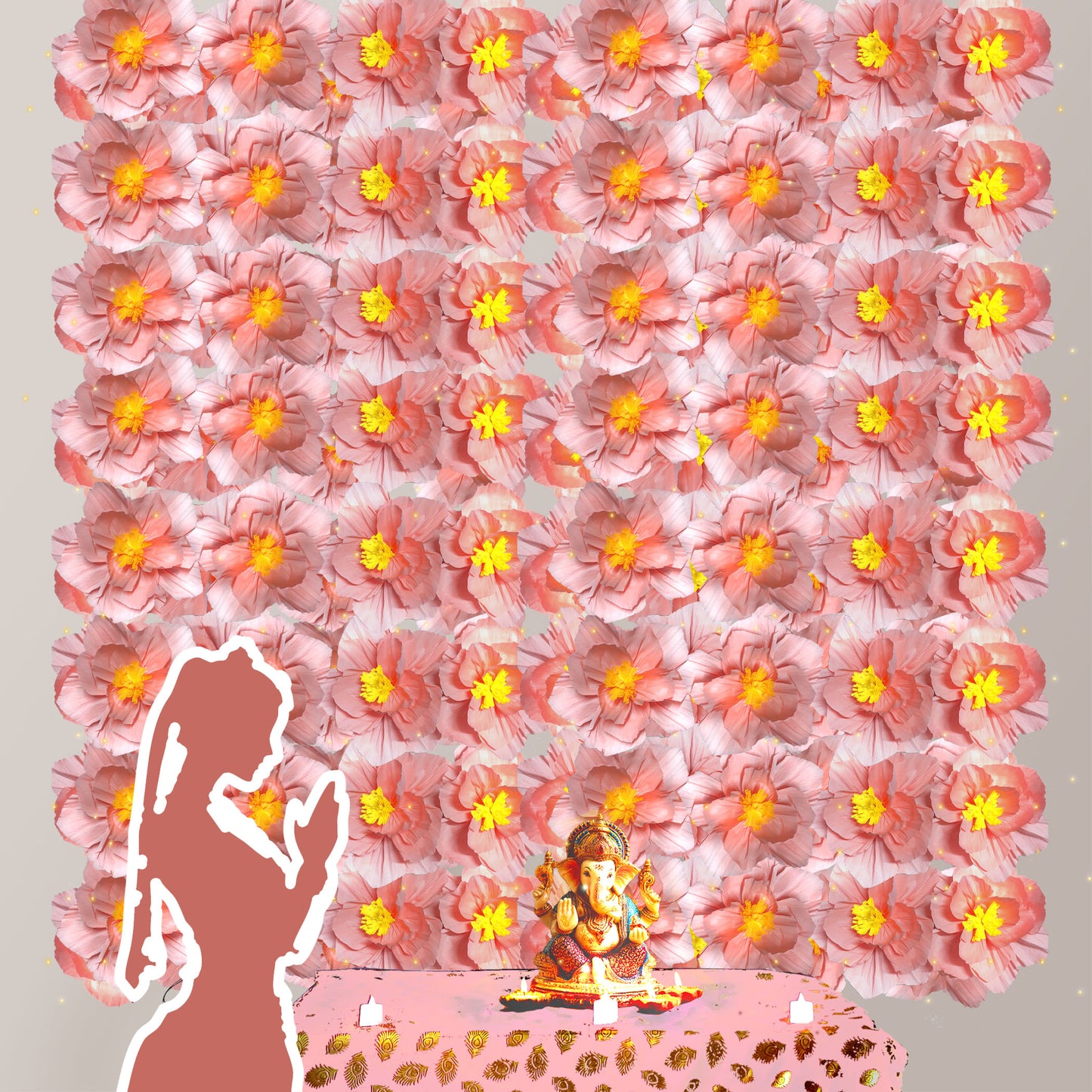 Ganesh Chaturthi Decoration Set, 216x216 cm, 64 Crepe Paper Flowers (27x27 cm), Brocade Table Cloth (150x100cm) (Pink))
