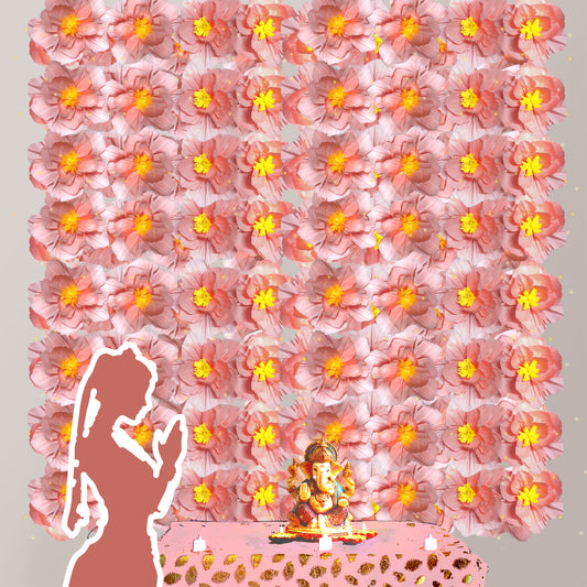 Ganesh Chaturthi Decoration Set, 216x216 cm, 64 Crepe Paper Flowers (27x27 cm), Brocade Table Cloth (150x100cm) (Pink))