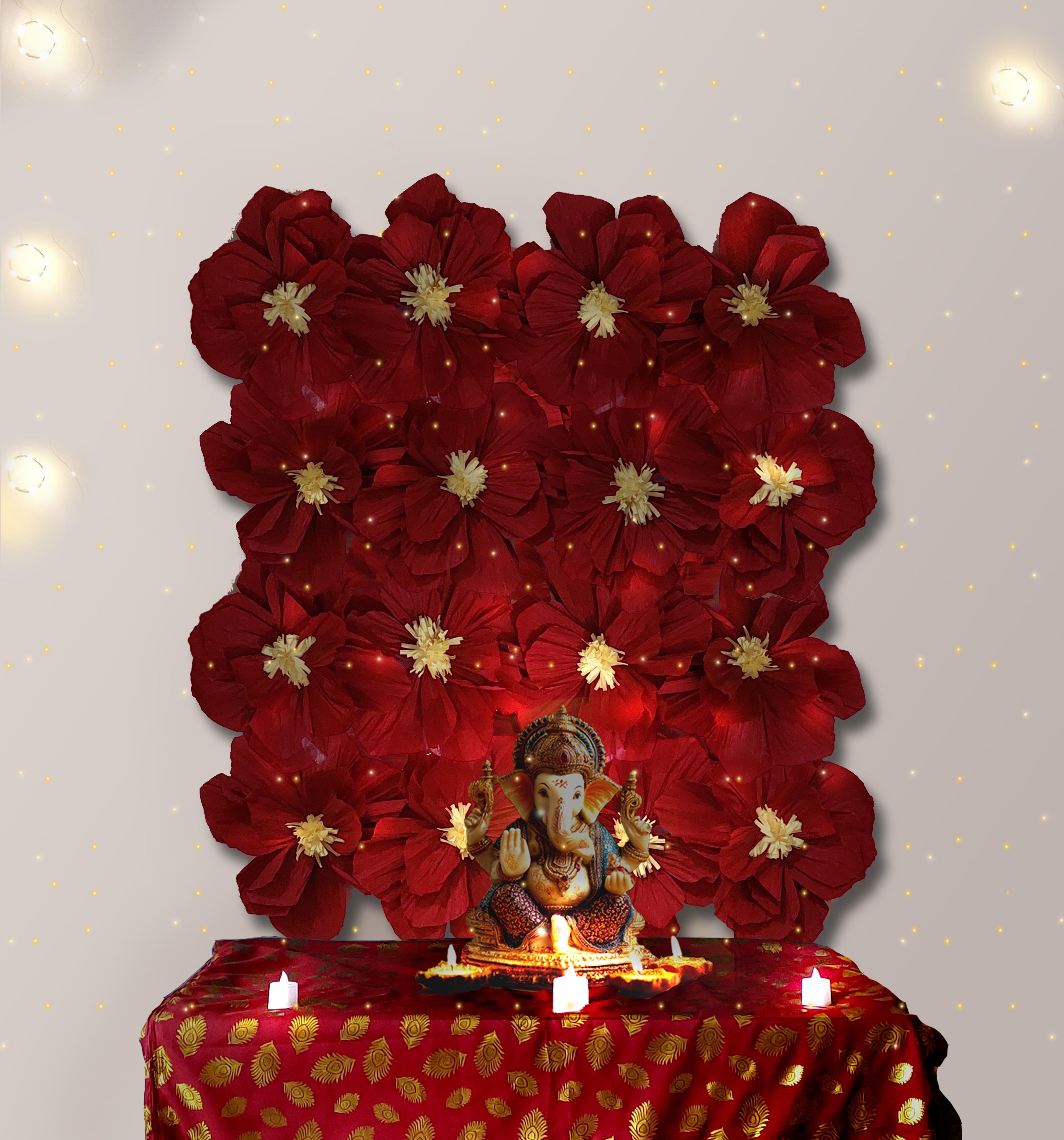Ganesh Chaturthi Decoration Set, 108x108 cm, 16 Crepe Paper Flowers (27x27 cm), Brocade Table Cloth (150x100cm) (Red))
