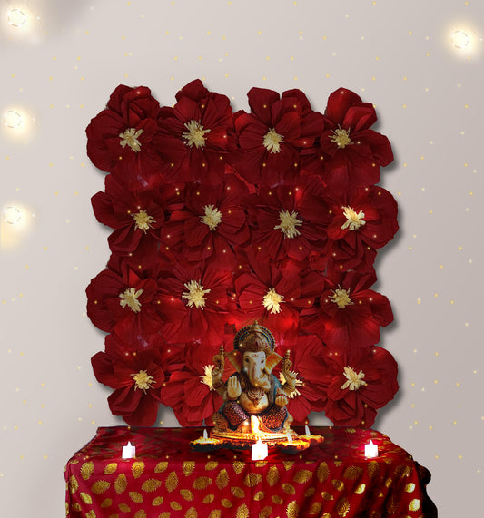 Ganesh Chaturthi Decoration Set, 108x108 cm, 16 Crepe Paper Flowers (27x27 cm), Brocade Table Cloth (150x100cm) (Red))