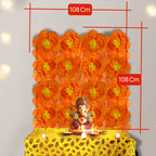 Ganesh Chaturthi Decoration Set, 108x108 cm, 16 Crepe Paper Flowers (27x27 cm), Brocade Table Cloth (150x100cm) (Orange)