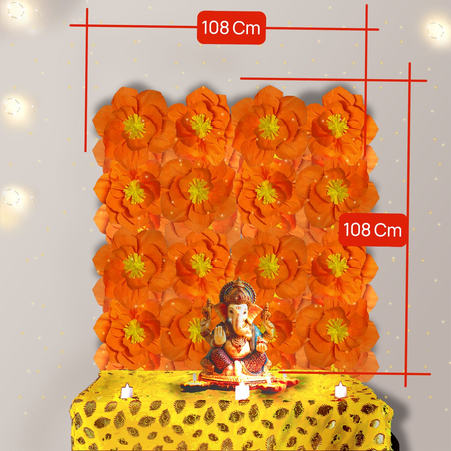 Ganesh Chaturthi Decoration Set, 108x108 cm, 16 Crepe Paper Flowers (27x27 cm), Brocade Table Cloth (150x100cm) (Orange)