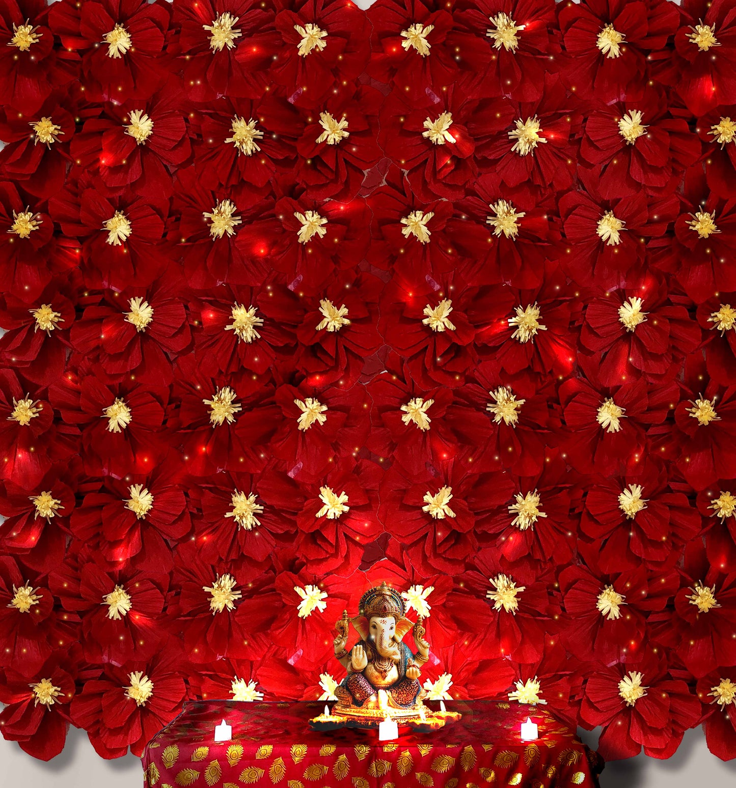 Ganesh Chaturthi Decoration Set, 216x216 cm, 64 Crepe Paper Flowers (27x27 cm), Brocade Table Cloth (150x100cm) (Red))