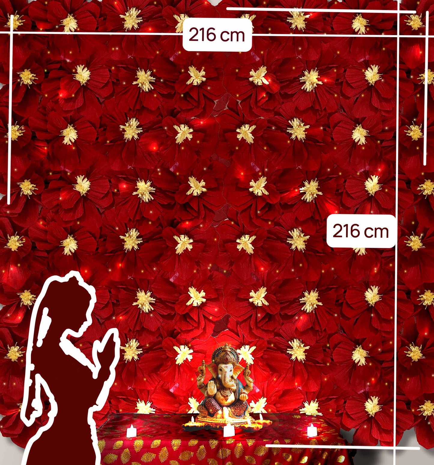 Ganesh Chaturthi Decoration Set, 216x216 cm, 64 Crepe Paper Flowers (27x27 cm), Brocade Table Cloth (150x100cm) (Red))