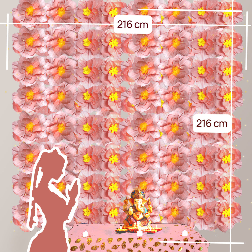 Ganesh Chaturthi Decoration Set, 216x216 cm, 64 Crepe Paper Flowers (27x27 cm), Brocade Table Cloth (150x100cm) (Pink))