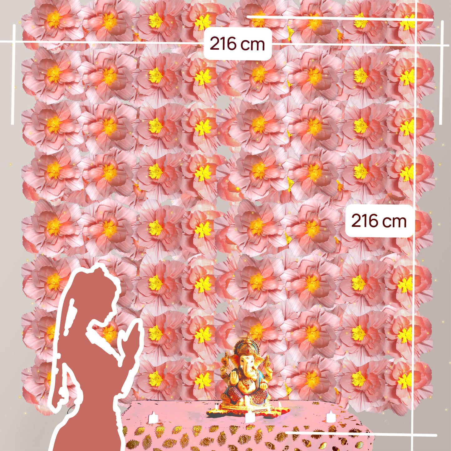 Ganesh Chaturthi Decoration Set, 216x216 cm, 64 Crepe Paper Flowers (27x27 cm), Brocade Table Cloth (150x100cm) (Pink))
