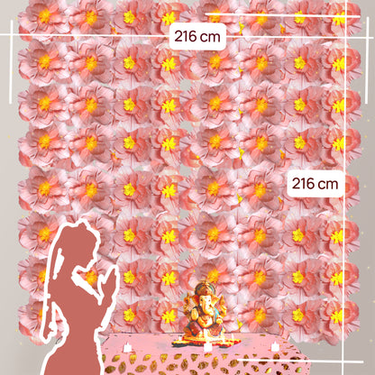Ganesh Chaturthi Decoration Set, 216x216 cm, 64 Crepe Paper Flowers (27x27 cm), Brocade Table Cloth (150x100cm) (Pink))