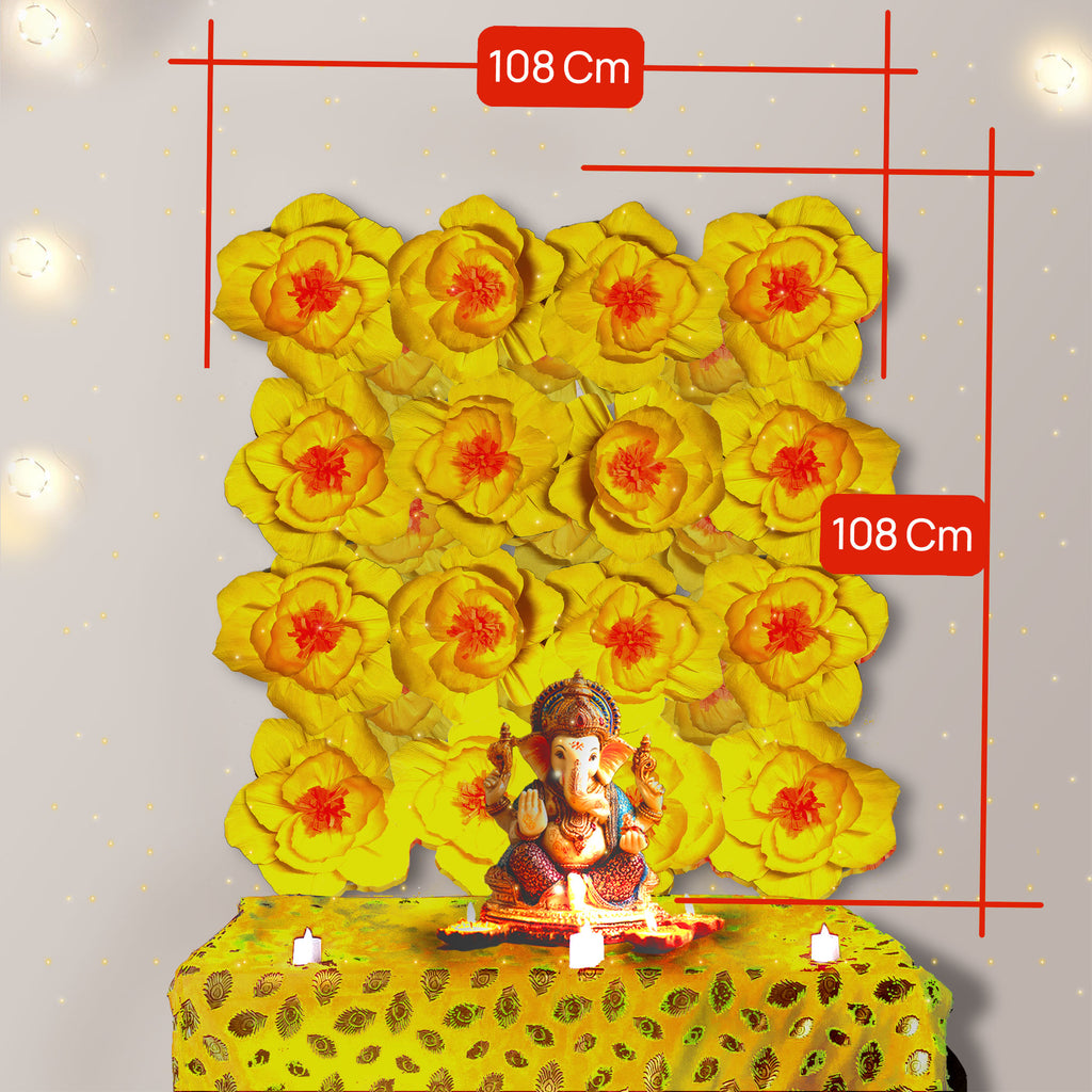Ganesh Chaturthi Decoration Set, 108x108 cm, 16 Crepe Paper Flowers (27x27 cm), Brocade Table Cloth (150x100cm) (Yellow)