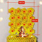Ganesh Chaturthi Decoration Set, 108x108 cm, 16 Crepe Paper Flowers (27x27 cm), Brocade Table Cloth (150x100cm) (Yellow)