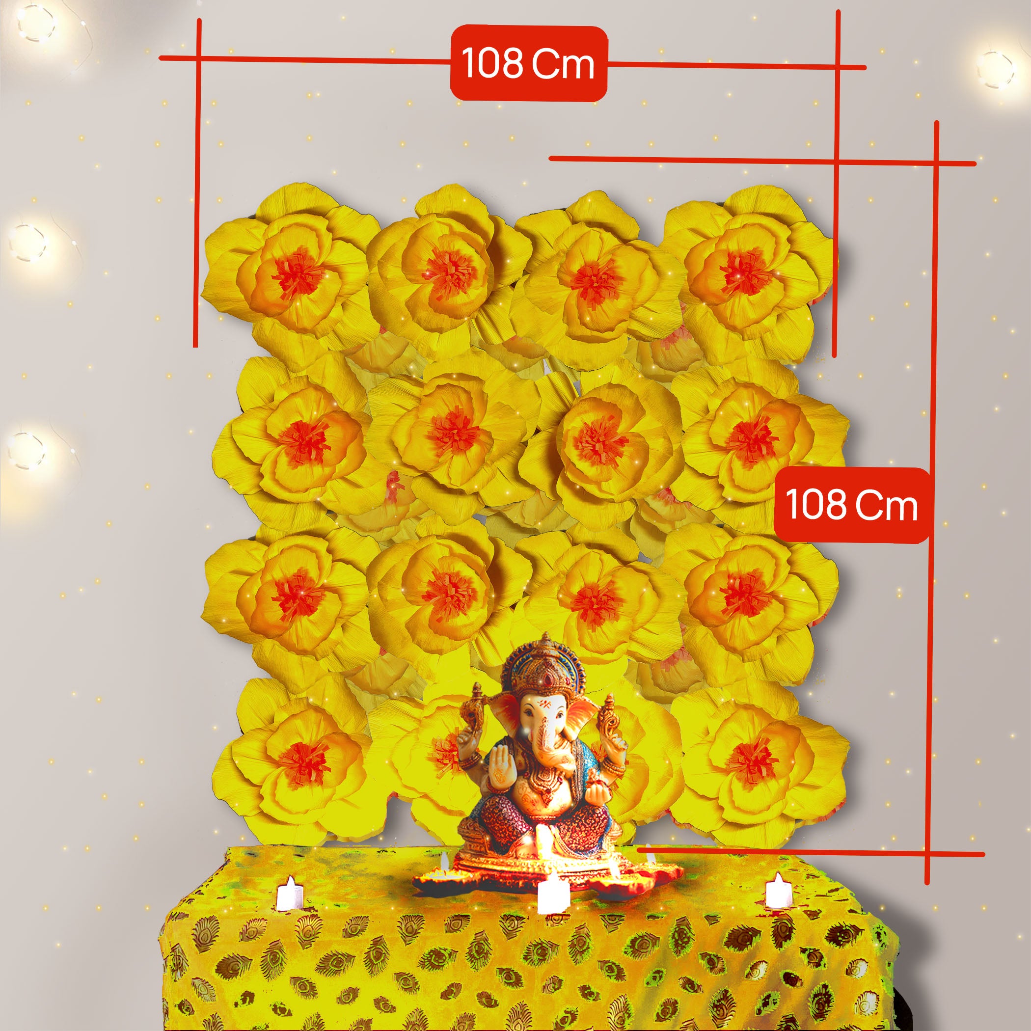 Ganesh Chaturthi Decoration Set, 108x108 cm, 16 Crepe Paper Flowers (27x27 cm), Brocade Table Cloth (150x100cm) (Yellow)