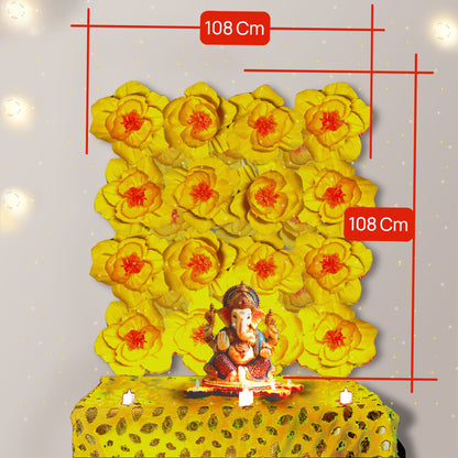 Ganesh Chaturthi Decoration Set, 108x108 cm, 16 Crepe Paper Flowers (27x27 cm), Brocade Table Cloth (150x100cm) (Yellow)
