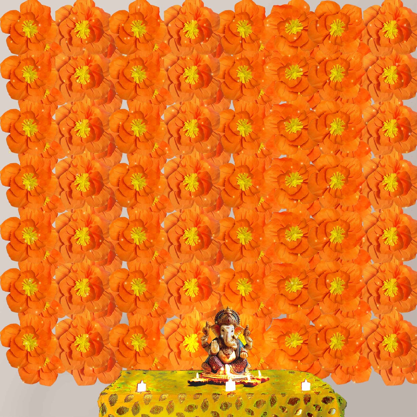 Ganesh Chaturthi Decoration Set, 216x216 cm, 64 Crepe Paper Flowers (27x27 cm), Brocade Table Cloth (150x100cm) (Orange)