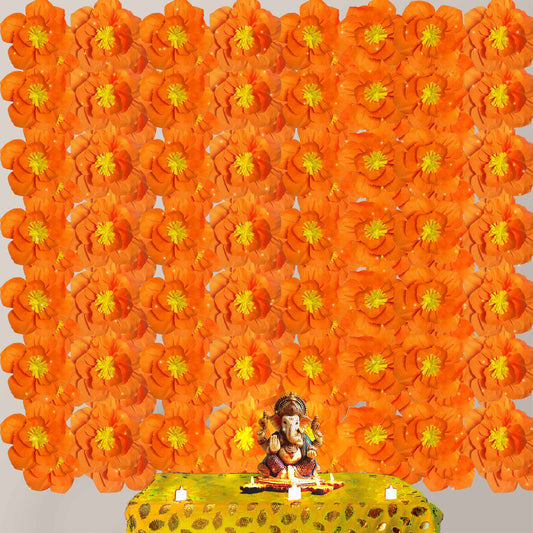 Ganesh Chaturthi Decoration Set, 216x216 cm, 64 Crepe Paper Flowers (27x27 cm), Brocade Table Cloth (150x100cm) (Orange)