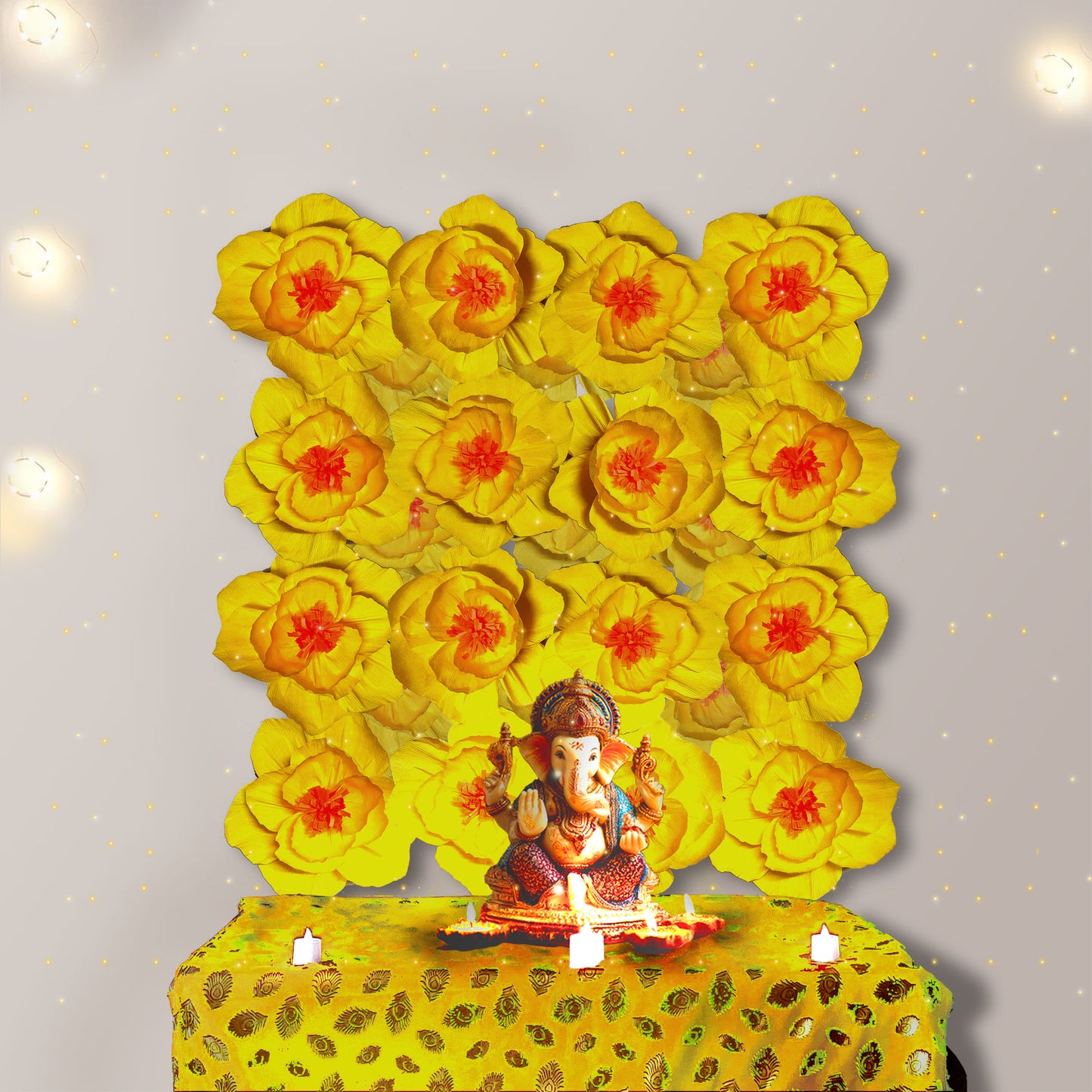 Ganesh Chaturthi Decoration Set, 108x108 cm, 16 Crepe Paper Flowers (27x27 cm), Brocade Table Cloth (150x100cm) (Yellow)