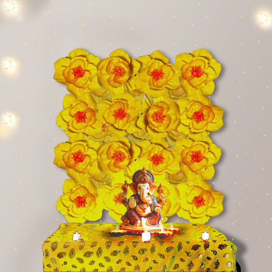 Ganesh Chaturthi Decoration Set, 108x108 cm, 16 Crepe Paper Flowers (27x27 cm), Brocade Table Cloth (150x100cm) (Yellow)