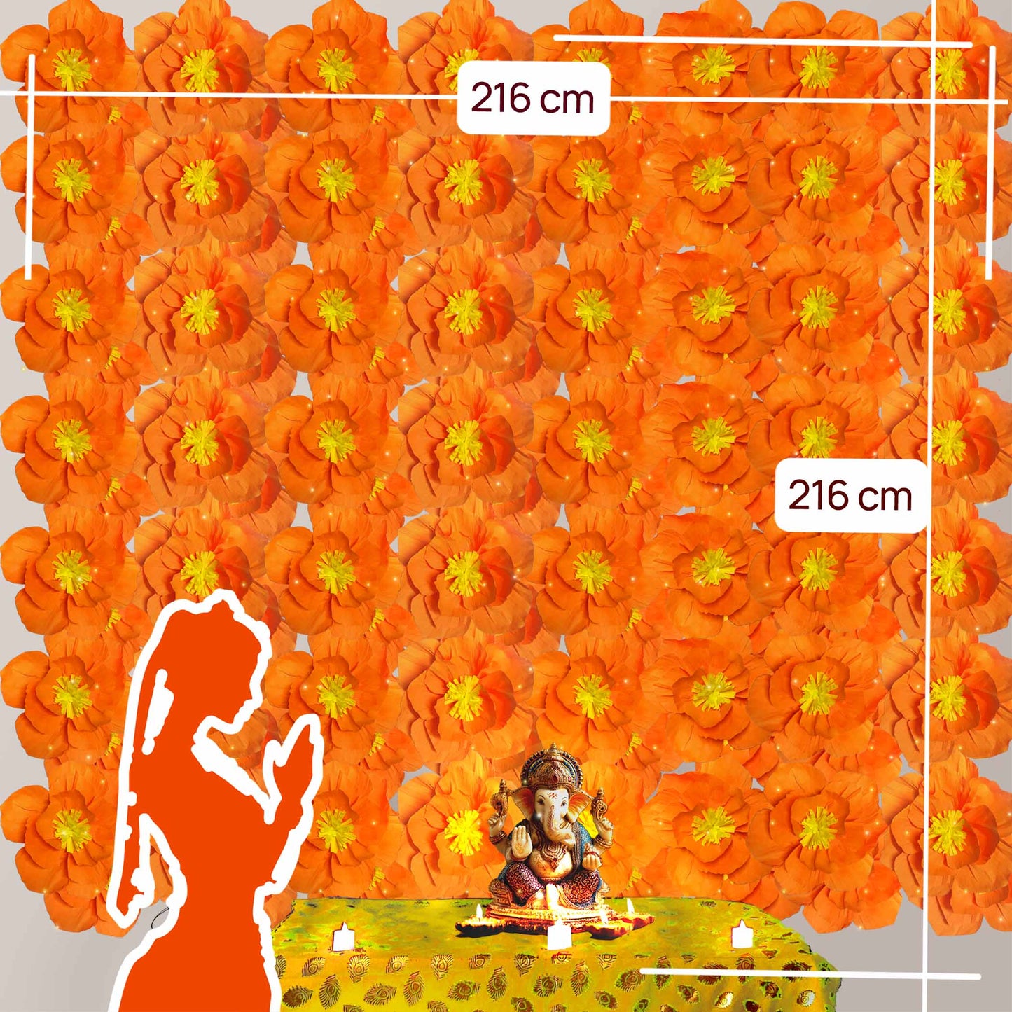 Ganesh Chaturthi Decoration Set, 216x216 cm, 64 Crepe Paper Flowers (27x27 cm), Brocade Table Cloth (150x100cm) (Orange)