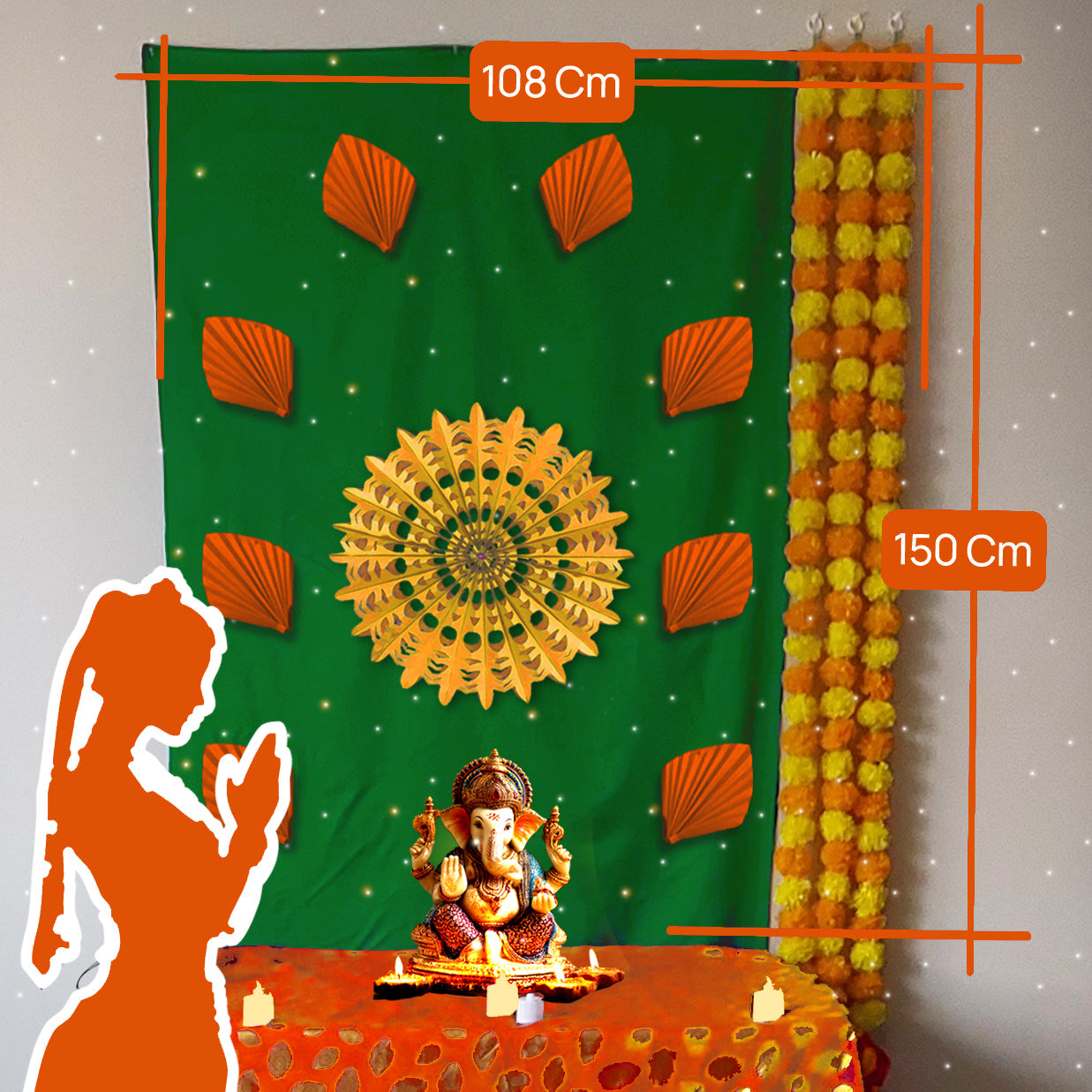 Green Sun Rise Dcoration for Ganesh Chaturthi, 108x150 cm size with Yellow Sun Charkra