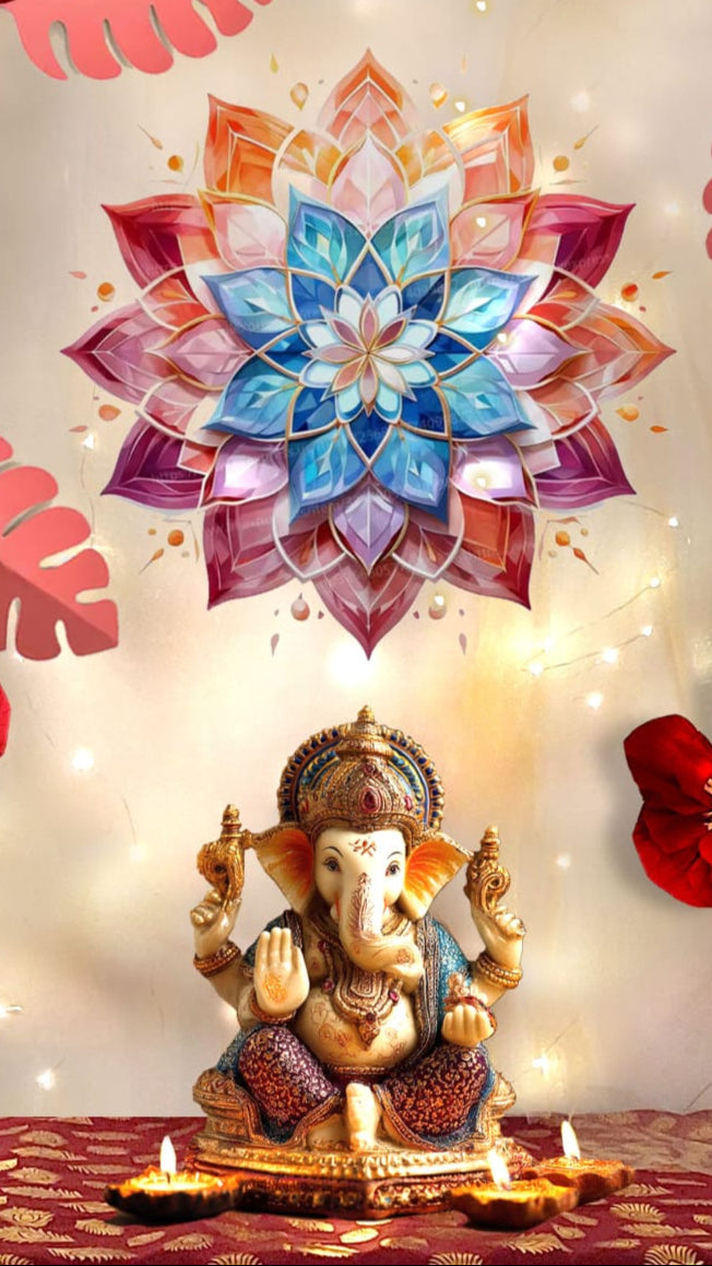 Decorative wall with colorful flowers, a star-shaped light, and a statue of Ganesha on a patterned surface.