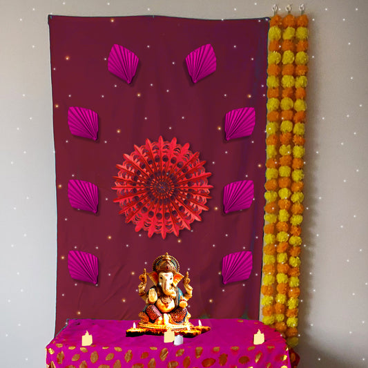 Maroon Sun Rise Dcoration for Ganesh Chaturthi, 108x150 cm size with Orange Sun Charkra
