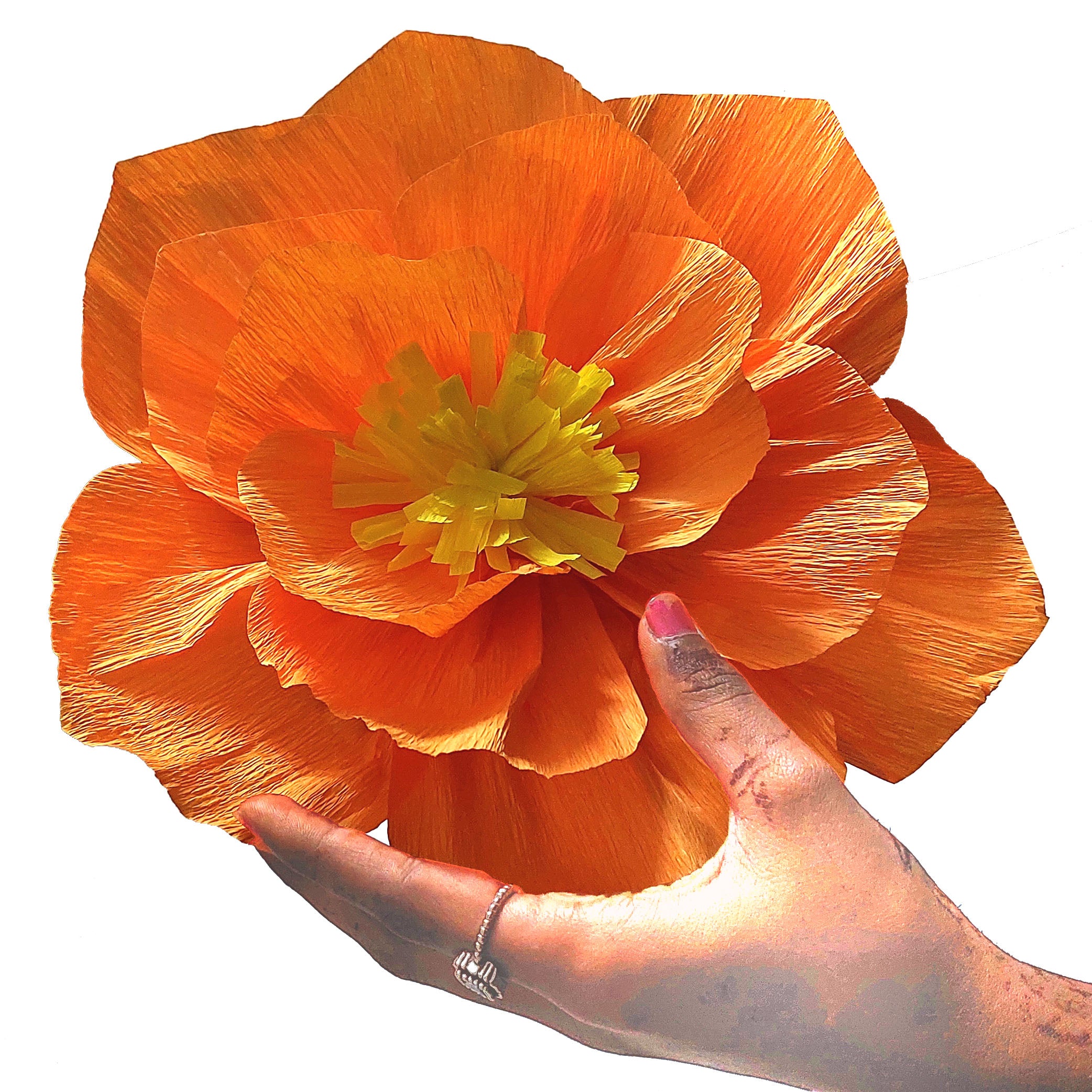 Ganesh Chaturthi Decoration Set, 108x108 cm, 16 Crepe Paper Flowers (27x27 cm), Brocade Table Cloth (150x100cm) (Orange)