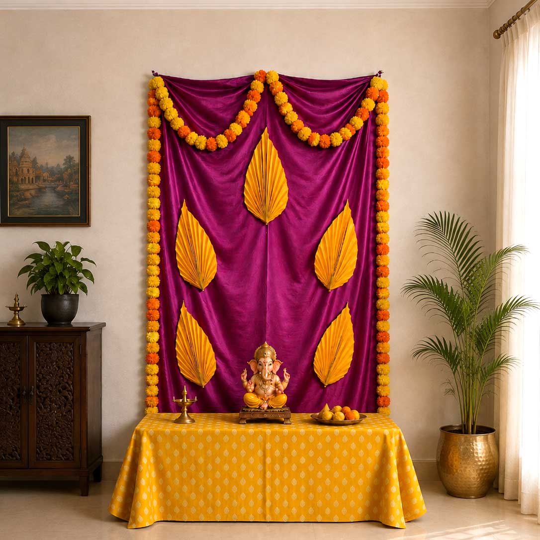 Satin Palm Elegance Ganesh Backdrop | Ganesh Chaturthi