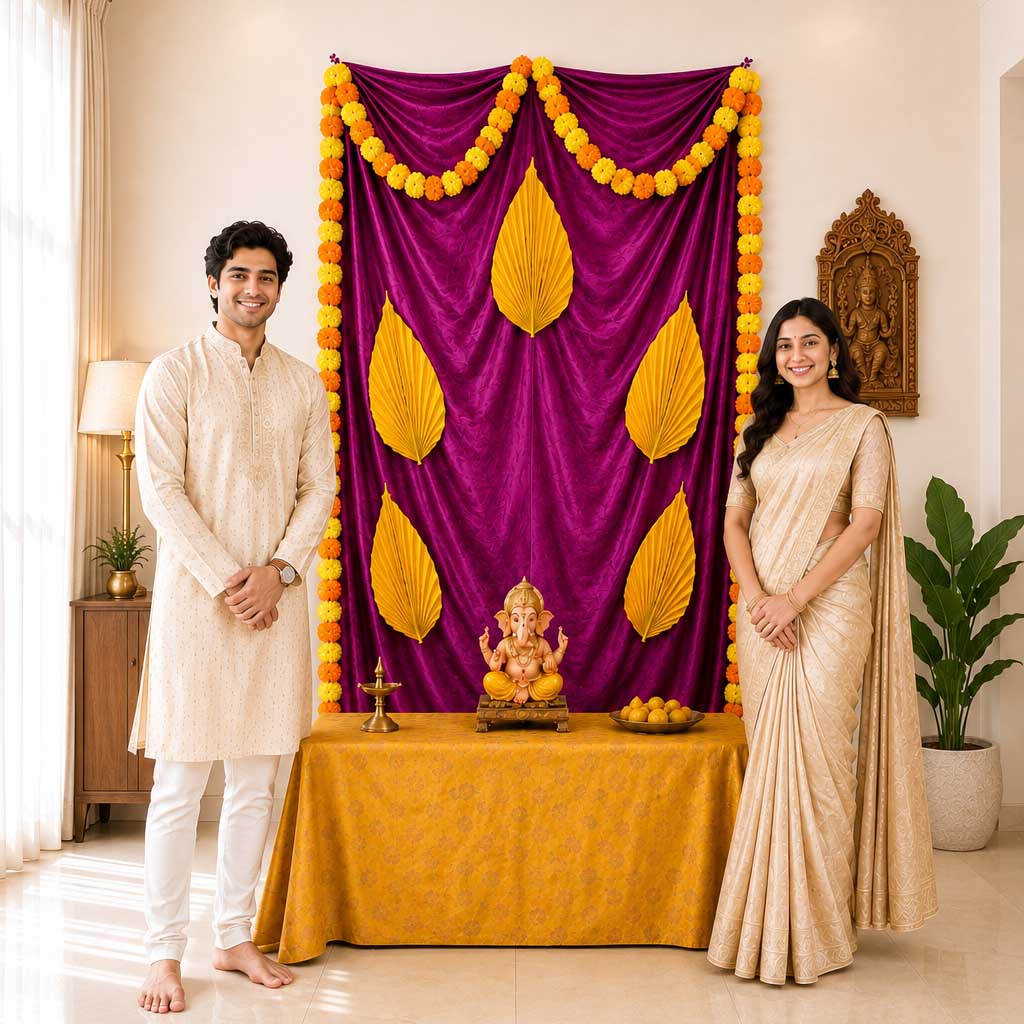 Satin Palm Elegance Ganesh Backdrop | Ganesh Chaturthi
