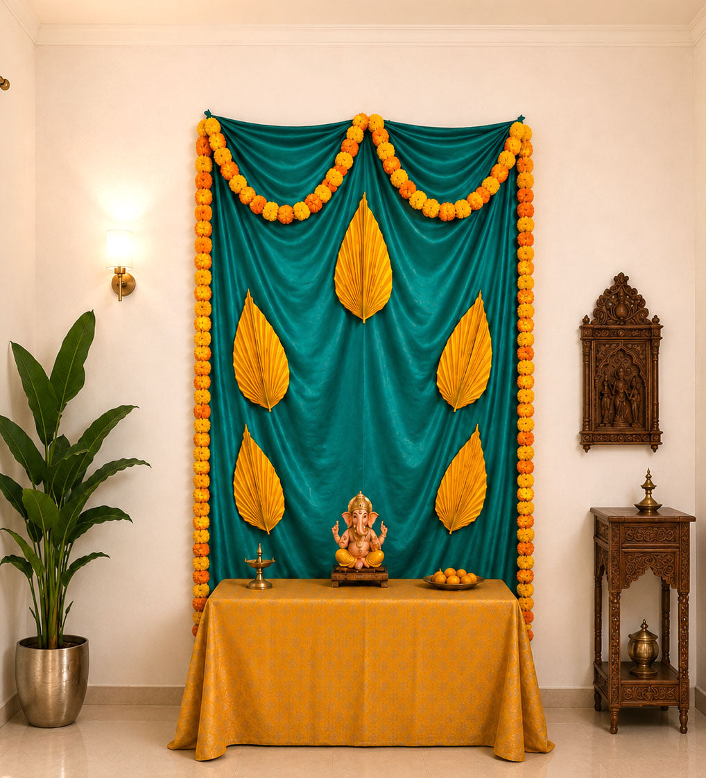 Satin Palm Elegance Ganesh Backdrop | Ganesh Chaturthi