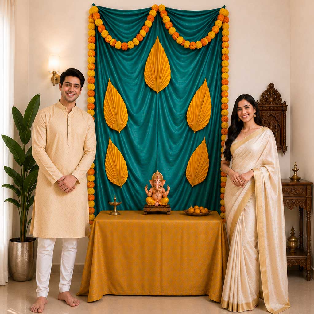 Satin Palm Elegance Ganesh Backdrop | Ganesh Chaturthi