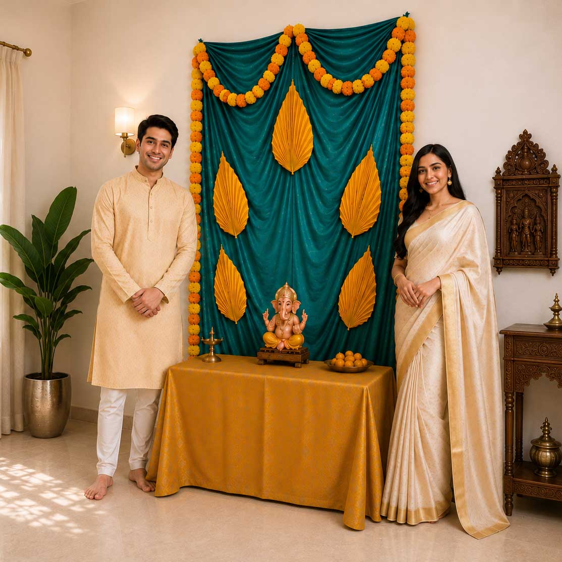 Satin Palm Elegance Ganesh Backdrop | Ganesh Chaturthi