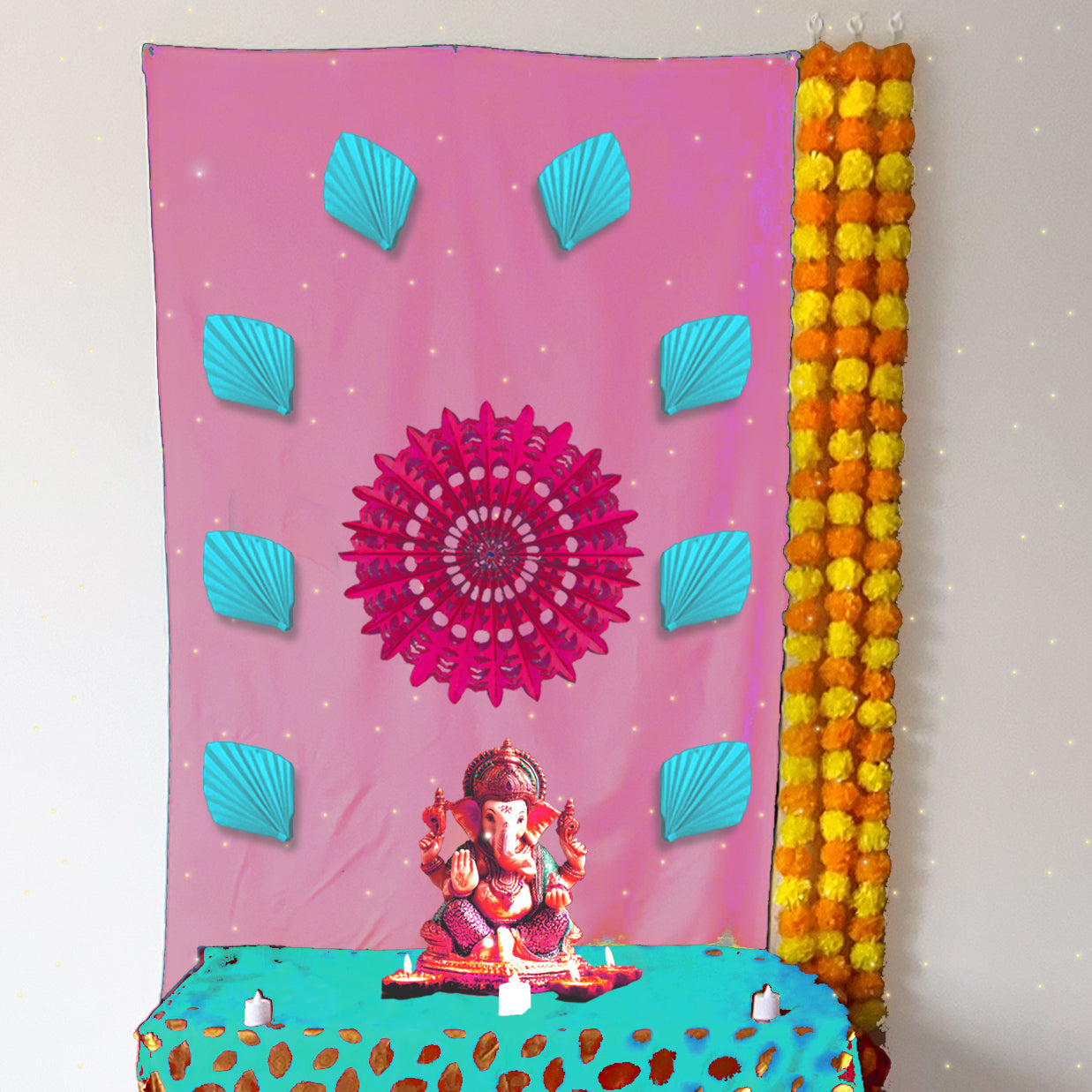 Pastel Pink Dcoration for Ganesh Chaturthi, 108x150 cm with sun charkra