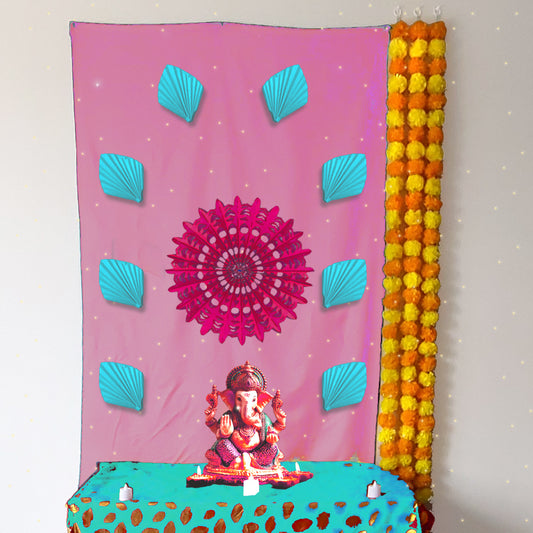 Pastel Pink Dcoration for Ganesh Chaturthi, 108x150 cm with sun charkra